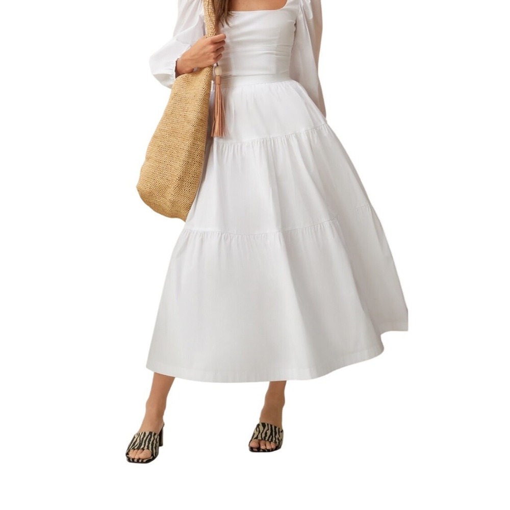 STAUD Sea Skirt White Cotton Poplin Tiered Midi Skirt Size 10 STAUD30552